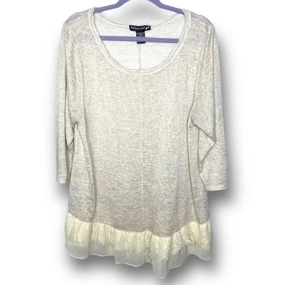 Living Doll Size 2X Ivory Lace Trim Gauzy 3/4 Sleeve Lightweight Dainty Top - Picture 1 of 11